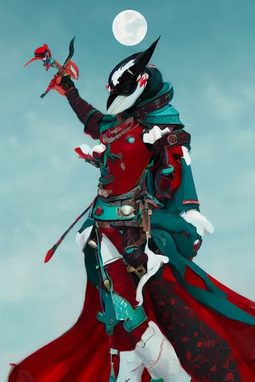 Image similar to female adventurer in tight full - body teal leather armor of japanese design with red accents and a white porcelain crow mask, trending in artstation, japanese, artstation, big moon in the background, establishing shot