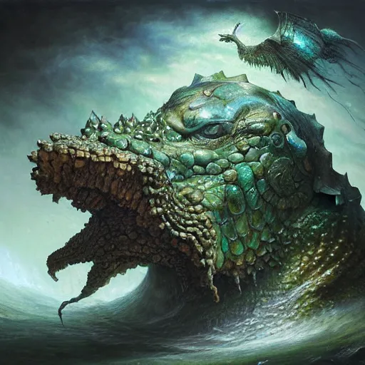 Image similar to a stunning detailed 3d matte portrait of a bulette with green stony carapace, male, standing in a maelstrom, by ellen jewett, by tomasz alen kopera, by Justin Gerard, ominous, magical realism, texture, gills, intricate, whirling smoke, alchemist bottles, radiant colors, fantasy, dungeons and dragons, dnd, volumetric lighting, high details