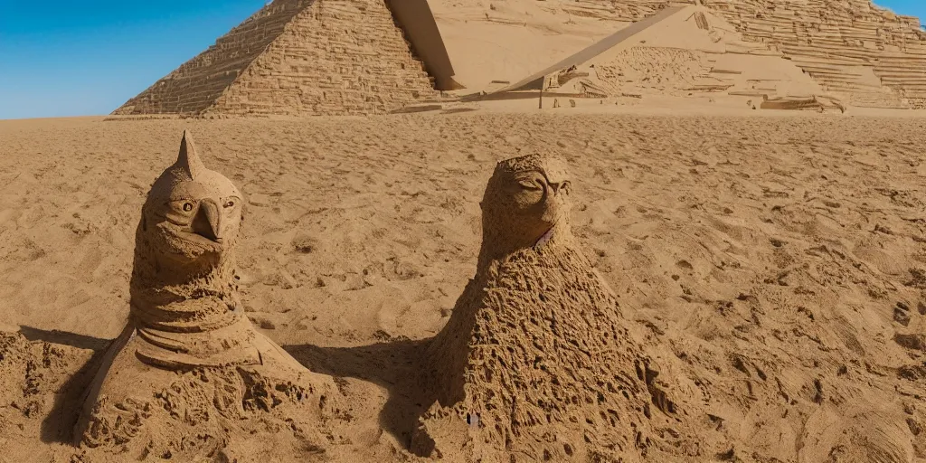 Prompt: A giant sand sculpture of an eagle head standing in the middle of a desert, next to a pyramid. Hyperrealistic photograph, golden hour