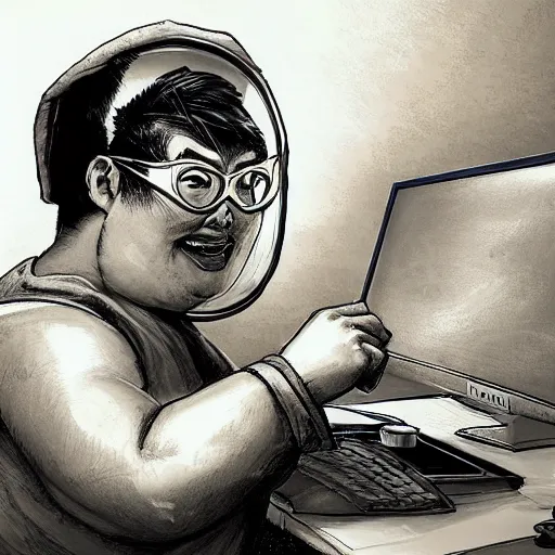 Image similar to an insanely detailed painting of a chubby nerdy asian man wearing a homemade superhero costume and mask, sitting at a computer desk typing on the keyboard, in the style of peter mohrbacher, dramatic lighting and composition, trending on artstation, concept art, comic book, graphic novel, back view