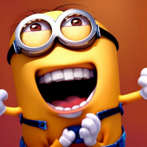 Prompt: A minion screaming in terror as he realizes he is stuck in a dystopian simulation for all eternity