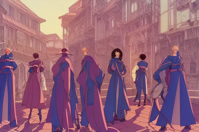 Image similar to cel shaded study of a group of mages in a late renaissance city, key visual with intricate linework, in the style of moebius, ayami kojima, 9 0's anime, retro fantasy