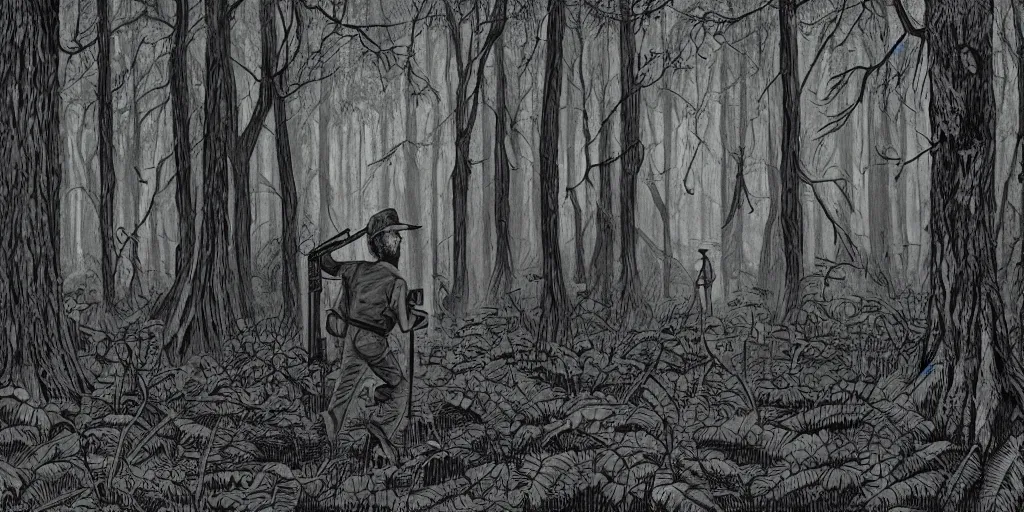 Prompt: illustration, 1 9 8 0 s, a man with a baseball hat and a rifle walking through a lush forest, apprehensive atmosphere, scary tension, post apocalyptic, 1 9 8 0 s stephen king style