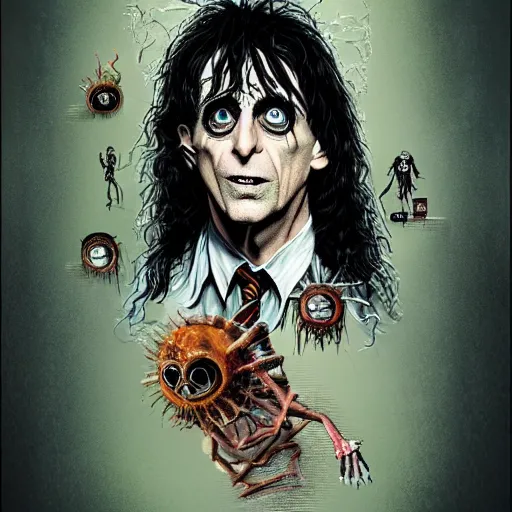 Prompt: graphic illustration, creative design, harry potter as alice cooper, biopunk, francis bacon, highly detailed, hunter s thompson, concept art