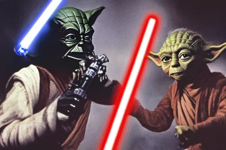 Prompt: scene from star wars 1977, david bowie as yoda cuts darth vader in half with a lightsaber, amazing cinematography, by phil hale, 8k, remastered, high resolution, 2.35:1 ratio