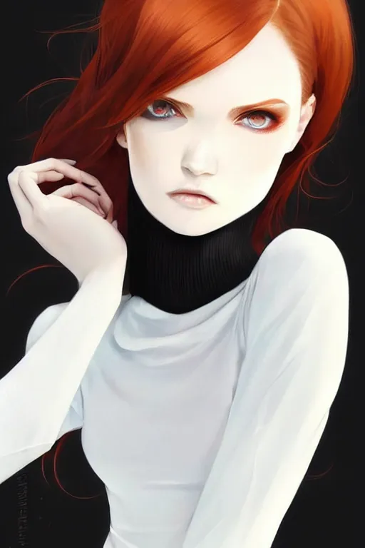 Prompt: beautiful pale vampire with auburn hair in a white turtleneck dress, on a super yacht, by guweiz and wlop and ilya kuvshinov and and moebius, artgerm, symmetrical eyes, aesthetic, gorgeous, stunning, alluring, attractive, half body portrait, fine details, detailed, artstation, deviantart, pinterest, digital art