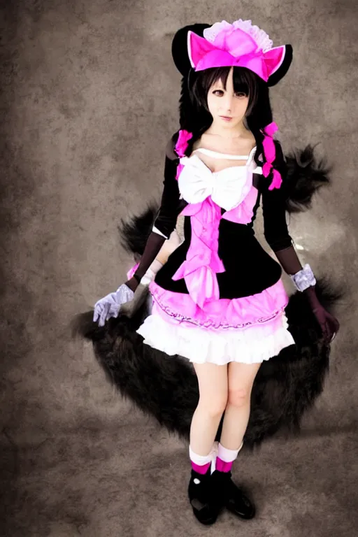 Image similar to Anime Catgirl with black fur, pink hair, and pink eyes in Gothic Lolita maid costume wearing small top hat