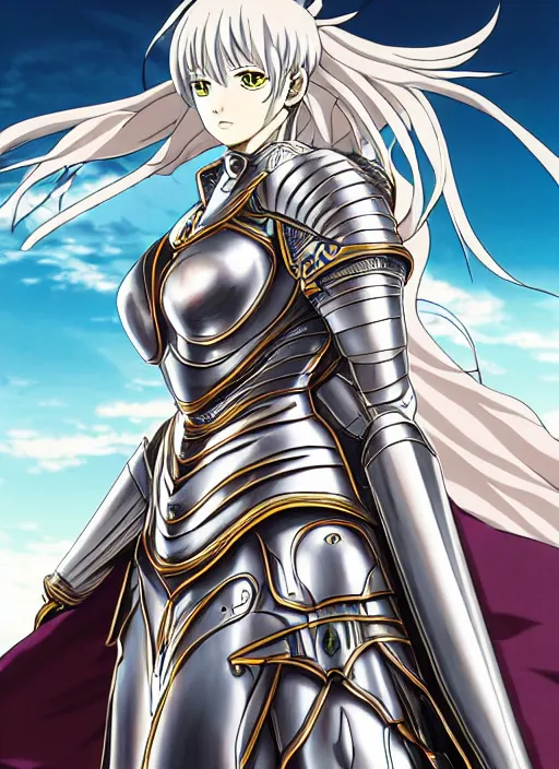 Image similar to key anime visual portrait of a woman knight in ceremonial armor, dynamic pose, cinematic, film grain, face by murata range, armor designed by gutsav klimt