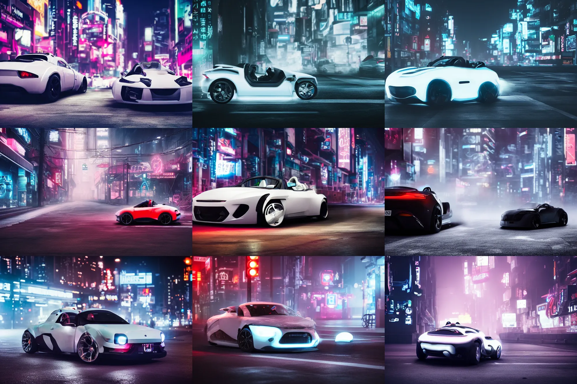 Image similar to a cool roadster with white fur material and looks like a panda parking in the street, foggy, Cyberpunk, neon light, 4k, hd, highly detailed