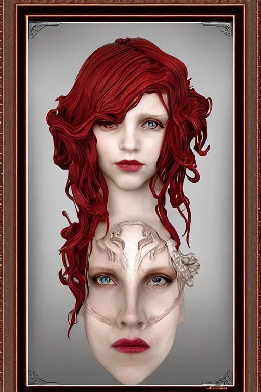 Image similar to art nouveau goddess face and red hair : : horror : : framed in art nouveau scroll work : : perfect female face : : vfx, postprocessing, cgsociety, 8 k, high resolution, enhanced 8 k render, sharp details, hyperrealistic, cinematic, moody, insane details, high resolution, movie concept art