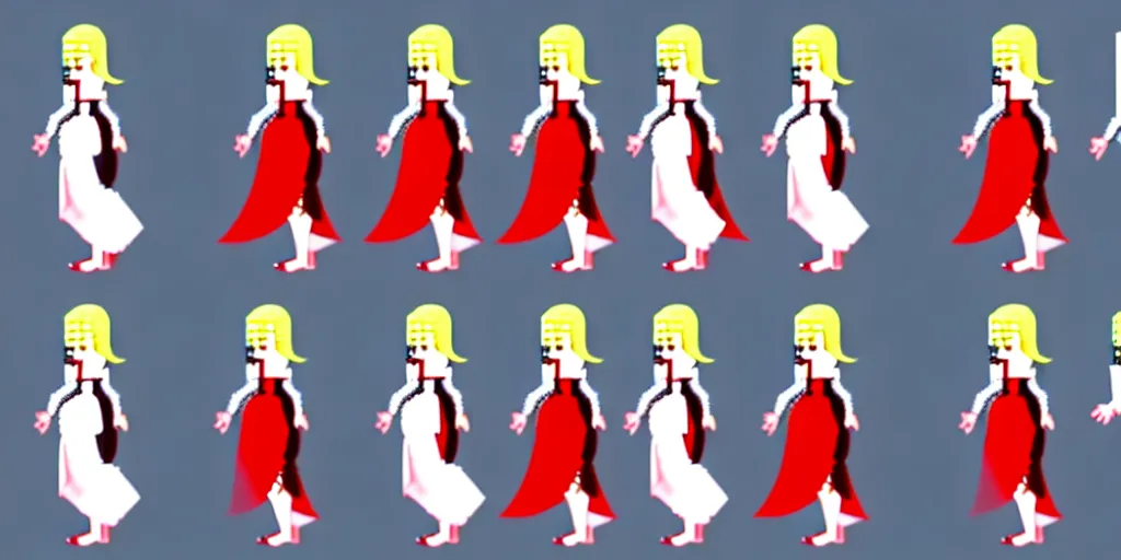 Image similar to walking cycle sprite sheet of a girl in a renaissance dress, walking to the right, each sprite is a different frame of the animation, in the style of final fantasy games, side view of her taking steps, accurate walk cycle, walk cycle, walk cycle, red and white dress