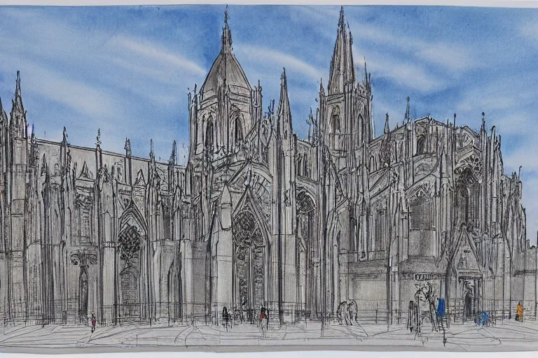 Prompt: Catedral de Maringá, sketchbook with annotation, blue print, ultra detailed