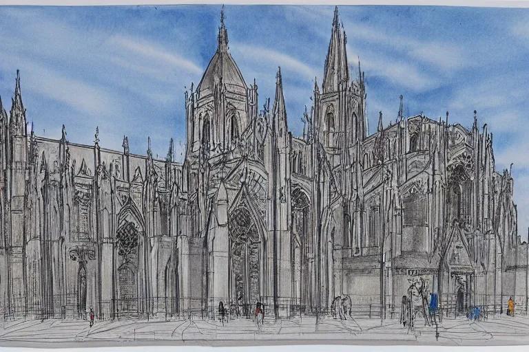 Image similar to Catedral de Maringá, sketchbook with annotation, blue print, ultra detailed