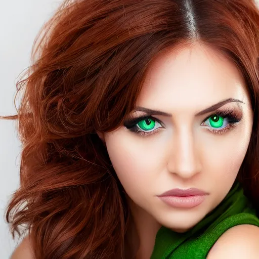 Prompt: beautiful and exotic woman with olive skin tone, auburn hair, beautiful green eyes, studio portrait, 8 k