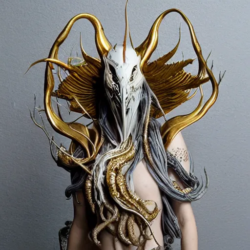 Image similar to angelarium, illithid, cthulhu, white with gold accents, sculpture by ellen jewett