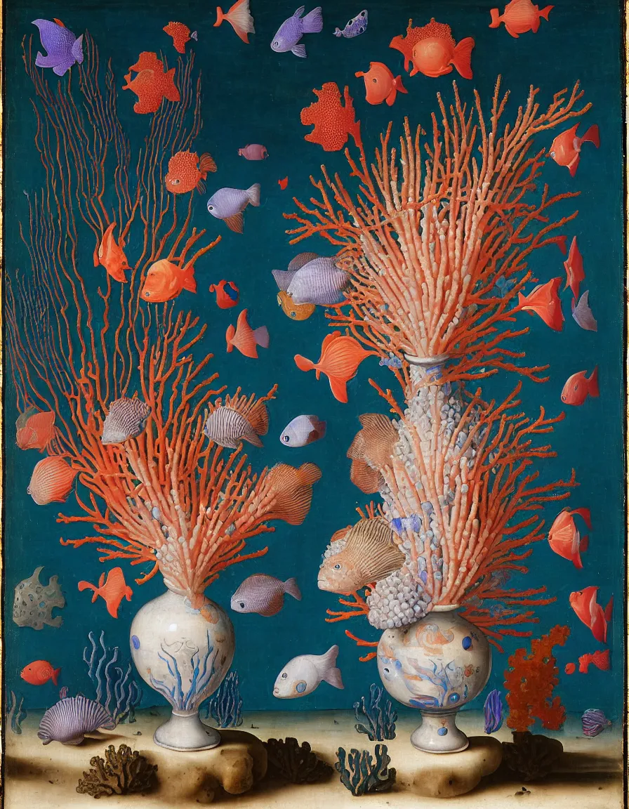 Prompt: bottle vase of coral under the sea decorated with a dense field of stylized scrolls that have opaque outlines enclosing mottled blue washes, with purple shells and blue fishes, Ambrosius Bosschaert the Elder, oil on canvas, around the edges there are no objects