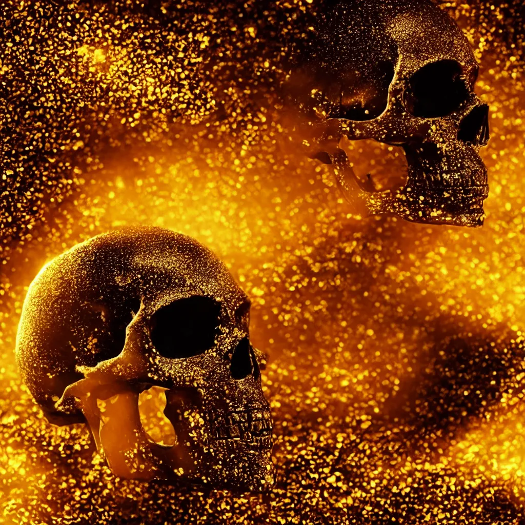 Prompt: black skull covered in dripping golden honey, golden hour, glistening, light rays, light bloom, bokeh, beautiful scene, HD render, octane render, VRAY, 8K, 4K