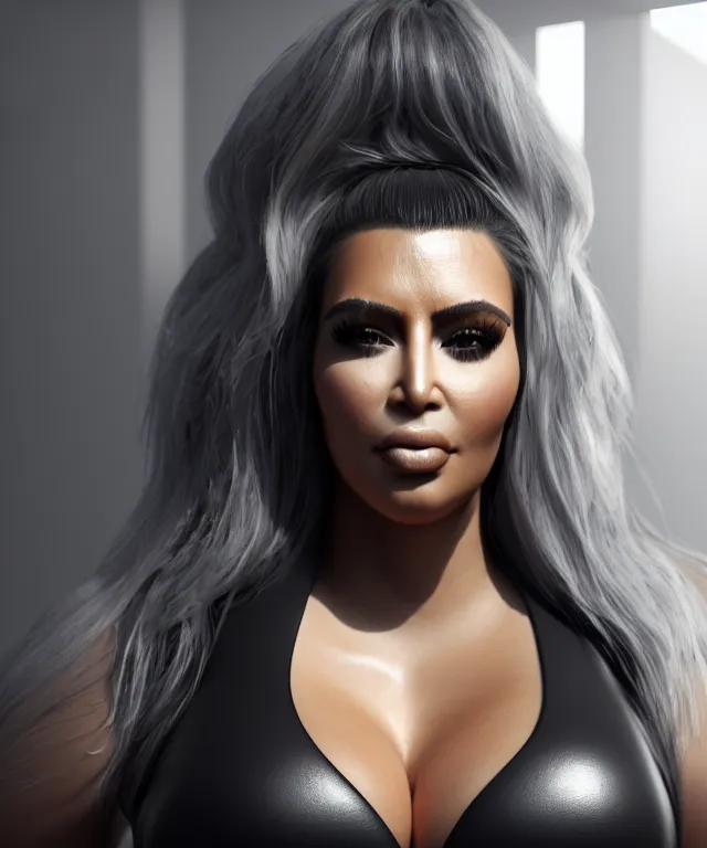 Image similar to obese kim kardashian, subsurface scattering, cyberpunk, dogpunk, unreal engine, octane render, artstation, highly detailed, 4 k post - processing, 8 k resolution, insanely detailed and intricate, hypermaximalist, shiny surfaces, smooth gradients, elegant, hd quality, no bokeh