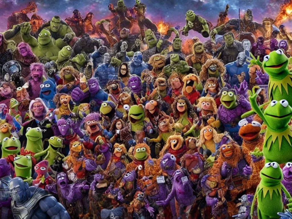 Prompt: The Muppets in the final fight against Thanos, Avengers Endgame, epic, cinematic