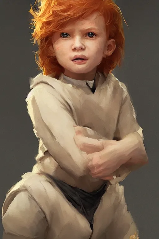 Image similar to a little boy with a michievous face and ginger hair. he is dressed as a superhero. clean elegant painting, beautiful detailed face. by artgerm and greg rutkowski