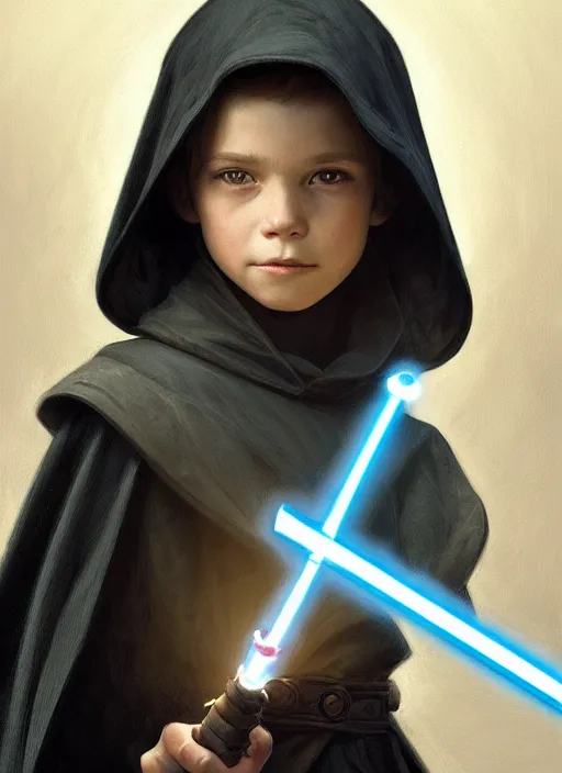 Image similar to perfectly - centered - portrait of a kid wearing black cloak holding light saber, intricate, highly detailed, digital painting, artstation, concept art, smooth, sharp focus, illustration, unreal engine 5, 8 k, art by artgerm and greg rutkowski and alphonse mucha