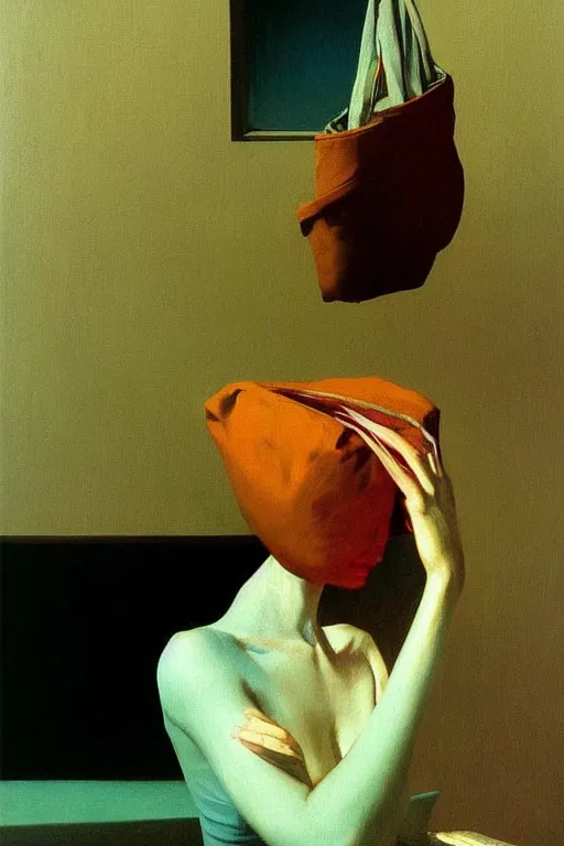 Image similar to a woman wearing a bag through her head Edward Hopper and James Gilleard, Zdzislaw Beksinski highly detailed