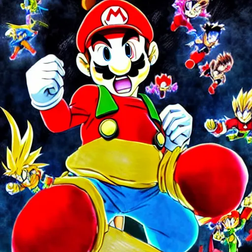 Image similar to anime art of mario going super - sayan, full - body art, fantasy art, dnd, super mario, art by akira toriyama, very beautiful fantasy art, bright colors, final fantasy, graceful, elegant, trending on artstation, intricate details, matte painting, organic painting, bold shapes, street art, akira toriyama