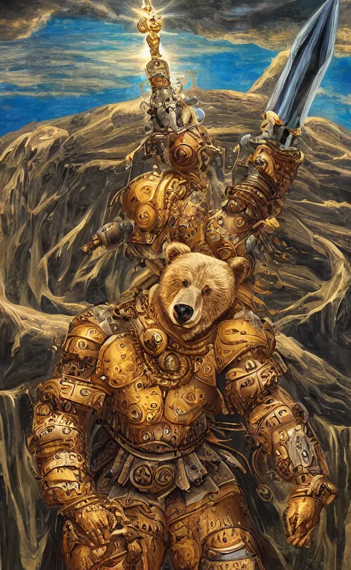 Image similar to mural of a bear beast-man, sci fi weapon, royal ornaments, reaching towards the heavens, sci fi world, holy imagery, highly detailed, beautiful colors, renaissance mural, mural in the style of sandro boticceli, sandro boticceli