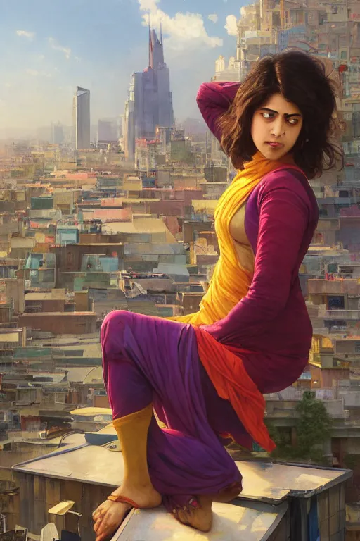 Image similar to A Full View of Kamala Khan Iman Vellani on a rooftop. MCU. masterpiece 4k digital illustration by Ruan Jia and Mandy Jurgens and Artgerm and greg rutkowski and Alexander Tsaruk and WLOP and william-adolphe bouguereau, award winning, Artstation, art nouveau aesthetic, Alphonse Mucha background, intricate details, realistic, panoramic view, Hyperdetailed, 8k resolution, intricate art nouveau