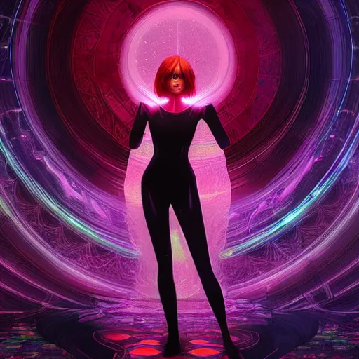 Image similar to long Shot of psychedelic Black widow standing in mysterious chromatic astral temple , stylish, lsd, soft, cinematic, artwork by WLOP