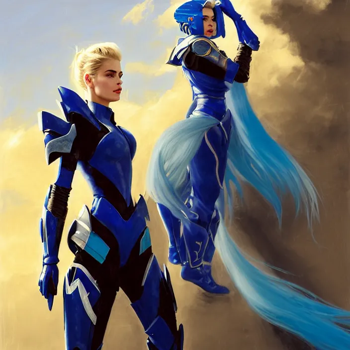 Image similar to portrait of a combination of Ashley Greene, Adriana Dxim, Grace Kelly and Lily Collins with blue hair wearing Interceptor's armor from Anthem, countryside, calm, fantasy character portrait, dynamic pose, above view, sunny day, thunder clouds in the sky, artwork by Jeremy Lipkin and Giuseppe Dangelico Pino and Michael Garmash and Rob Rey and Greg Manchess and Huang Guangjian, very coherent asymmetrical artwork, sharp edges, perfect face, simple form, 100mm