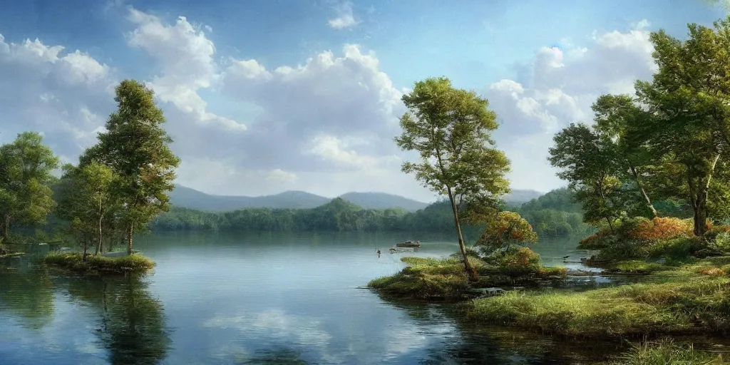 Image similar to a beautiful lake landscape in summer, by Ernest deutsch + Ted Nasmith, cinematic lighting, masterpiece, highly detailed, 8k resolution, trending on art station