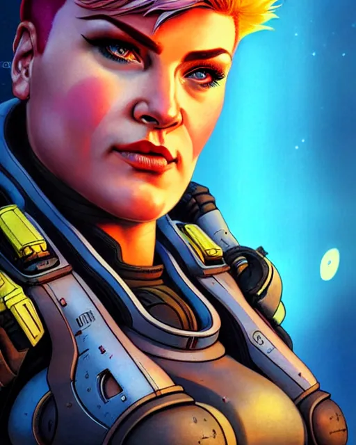 Image similar to zarya from overwatch, character portrait, portrait, close up, concept art, intricate details, highly detailed, vintage sci - fi poster, retro future, in the style of chris foss, rodger dean, moebius, michael whelan, and gustave dore