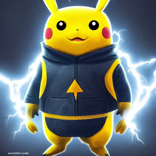 Image similar to a concept portrait of Pikachu, he has an army of minions, he's the boss, very dramatic lightning and electricity, Beeple, dramatic lightning, beautiful, artstation, 8k