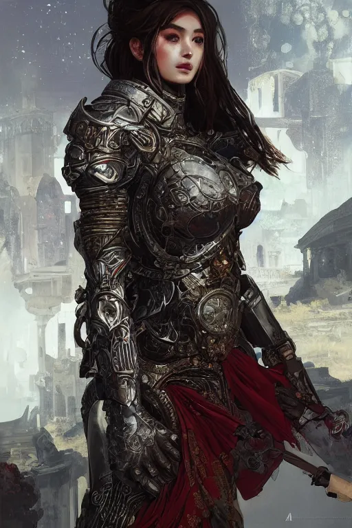 Image similar to portrait knights of Zodiac girl, metallic black and reddish reflected armor, in ruined Agora of Athens, ssci-fi, fantasy, intricate, very very beautiful, elegant, highly detailed, digital painting, artstation, concept art, smooth, sharp focus, illustration, art by tian zi and WLOP and alphonse mucha