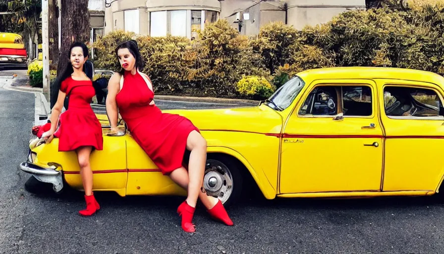 Prompt: a picture of a yellow-car parked next to a red-hydrant with a woman in a yellow-dress sitting on the hood, BEUTIFUL!, surreal, in style of artgerm, norman rockwell, Edward Hopper
