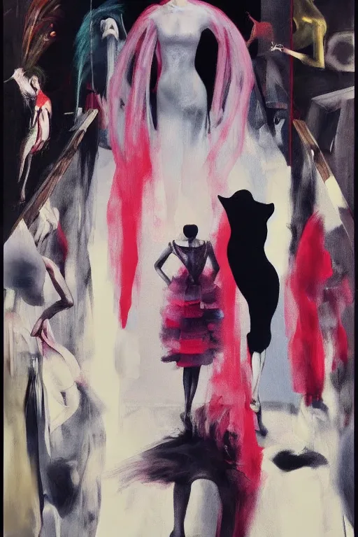 Image similar to crazy fashion catwalk, hauntingly surreal, highly detailed painting by francis bacon, edward hopper, adrian ghenie, gerhard richter, and james jean soft light 4 k,