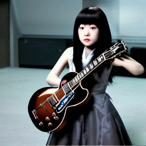 Prompt: real-life Yui with her giita Gibson Pre-'08 Les Paul Standard, a still of a Japanese movie