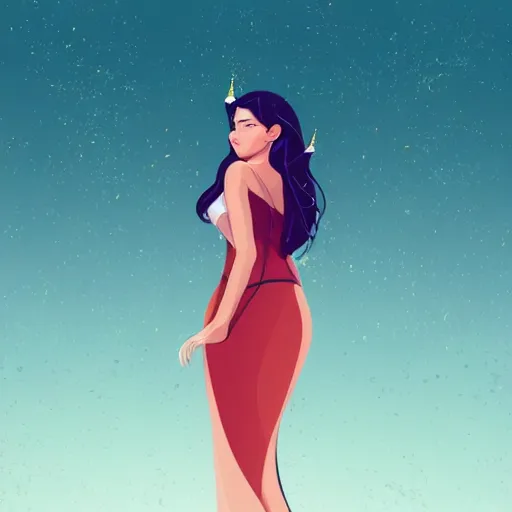 Prompt: beautiful curvy woman with long black hair, tanned skin. she is wearing a dress. birthday party. detailed face. clean cel shaded vector art. shutterstock. behance hd by lois van baarle, artgerm, helen huang, by makoto shinkai and ilya kuvshinov, rossdraws, illustration,