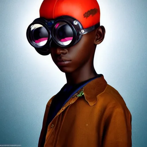 Image similar to colourful vfx portrait - art of a nigerian boy wearing steam punk goggles, art by utagawa kunisada & james jean, volumetric light, symmetrical, ray tracing, unreal engine, octane 3 d render, sharp, detailed, digital render, illustration, highly detailed, intricate detail, pinterest, behance, art station,