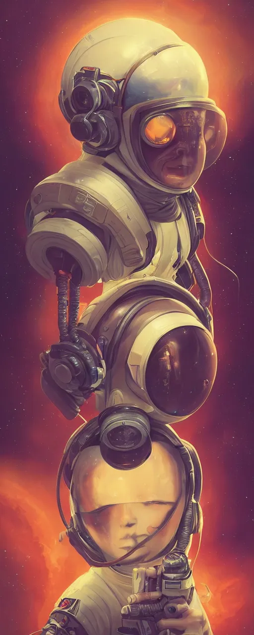 Prompt: a poster design of a single cyberpunk astronaut wearing headphones in space, universe, cyberpunk, warm color, Highly detailed labeled, poster, peter mohrbacher, featured on Artstation