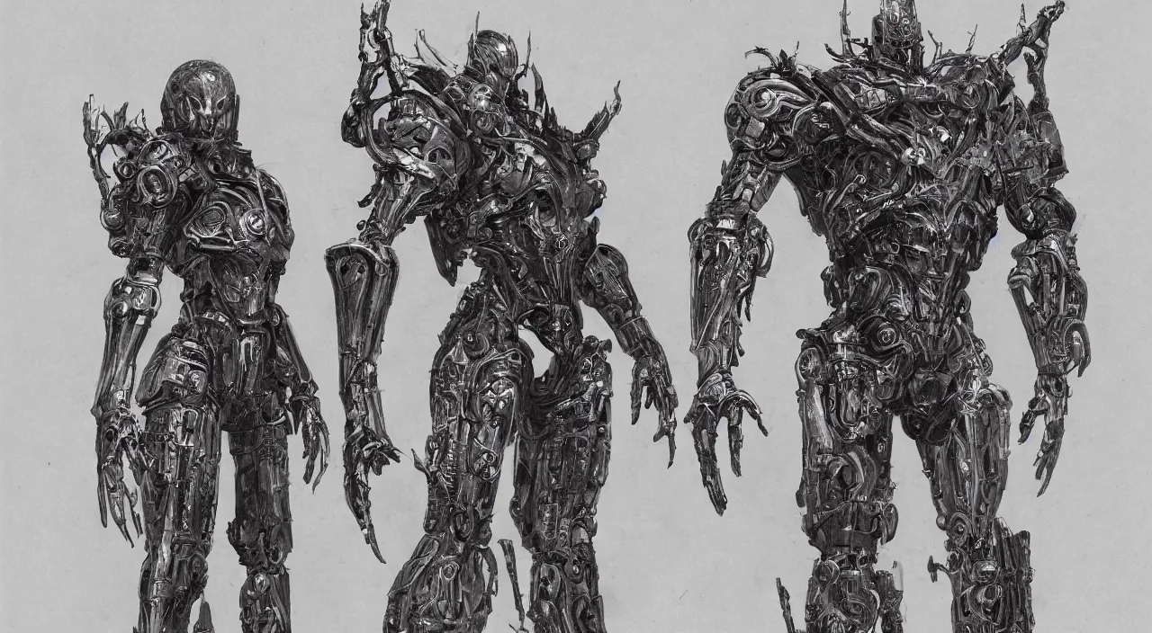 Prompt: full page scan of 1 7 0 0 concept art, occult robot armor, character design, symmetrical fullbody rendering, bliblical, inspired by elden ring, by hr giger, sadan vague, yoji shinkawa, craig mullins, emil melmoth, artstation, highly detailed, 4 k post - processing, 8 k resolution + dof