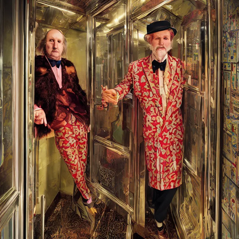 Image similar to vogue photoshoot octane render portrait by wayne barlow and carlo crivelli and glenn fabry, a handsome eccentric man in a bright colorful patterned pastel wes anderson elevator operator costume inside a dark and moody vintage elevator in a high - end exotic vintage boutique hotel, very short depth of field, bokeh