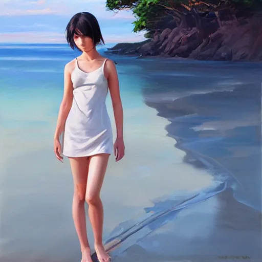 Image similar to oil painting by ilya kuvshinov,, baugh casey, artgerm craig mullins, coby whitmore, of a youthful japanese girl, long hair, wet sundress walking along the coast, highly detailed, breathtaking face, studio photography, noon, intense bounced light, water reflection, large tree casting shadow, serine intense sunlight in the style of zack snyder