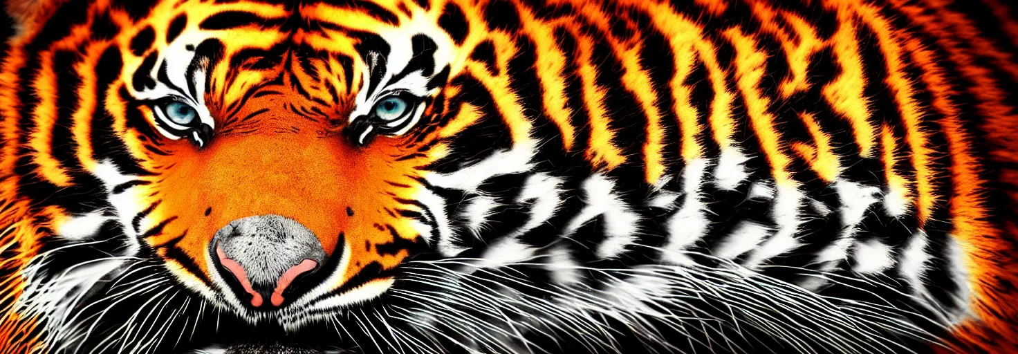 Image similar to 3d mandelbulb fractal of a Tiger, Tiger, Tiger patterns, Tiger fur, 3d mandelbulb fractal, visual depth, high quality, shadowing, fractal render, Orange, Black, White, 4k, 8k