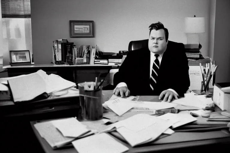 Image similar to cinematic film still from 1994 film: portly clean-shaven white man wearing suit and necktie at his desk. He has his right foot propped up on his desk. XF IQ4, f/1.4, ISO 200, 1/160s, 8K, RAW, dramatic lighting, symmetrical balance, in-frame