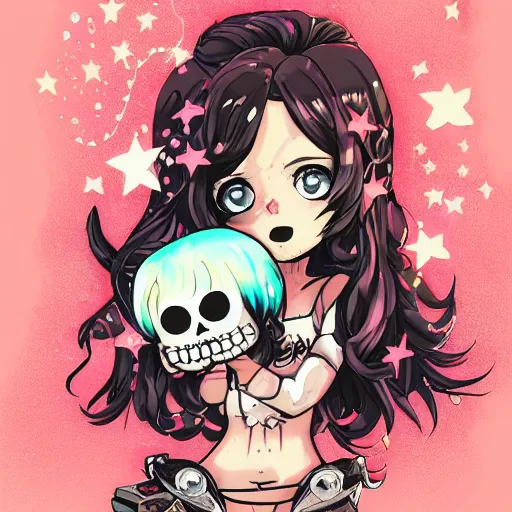 Image similar to pinup pose, portrait of a grungy skull anime and chibi very cute doll by super ss, cyberpunk fashion, nendoroid, kawaii, curly pink hair, night sky, looking up, swirly clouds, neon yellow stars, by wlop, james jean, victo ngai, muted colors, highly detailed