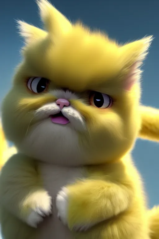 Image similar to high quality 3 d render hyperrealist very cute multipastel fluffy! grumpy griffin cat hybrid with fluffy wings!, vray smooth, in the style of detective pikachu, hannah yata charlie immer, dramatic yellow light, low angle, uhd 8 k, sharp focus