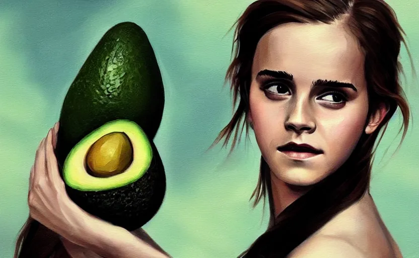 Image similar to a painting of emma watson as an avocado trending on artstation in the style of greg rutkowski