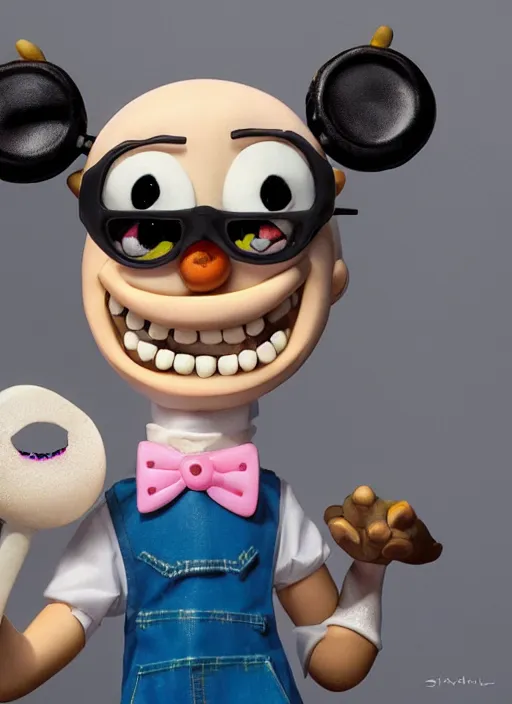 Prompt: a hyperrealistic lowbrow oil panting of a looney kawaii vocaloid figurine caricature with a big dumb goofy grin and pretty sparkling anime eyes featured on Wallace and Gromit by studio trigger